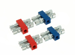 2 red & 2 Blue square Distribution Blocks 1-1/8 npt Inlet into 4 outlet w/fittings